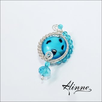 Brosa  bleu turcoaz, cu model unicat, margele lampwork, placata cu argint, lucrata manual