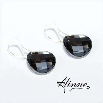 Cercei mari din argint cu cristale Swarovski, model rasucit, negru, gri si argintiu