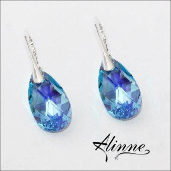 Cercei mari din argint cu cristale Swarovski, picaturi stralucitoare, bleu, turcoaz si violet.