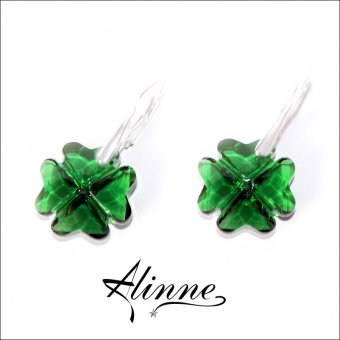 Cercei mari argint cu cristale Swarovski, trifoi norocosi, verde cald