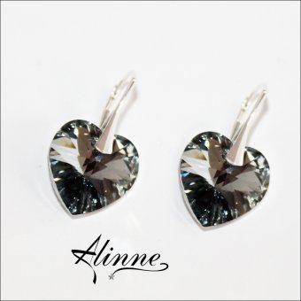 Cercei mari din argint cu cristale Swarovski, inimi stralucitoare, in nuante de gri si argintiu, 18mm