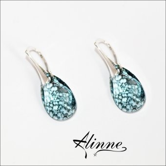Cercei mari din argint cu cristale Swarovski, picaturi in nuante de bleu cu patina
