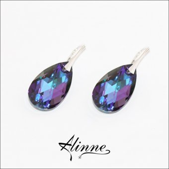 Cercei foarte mari din argint cu cristale Swarovski, picaturi in nuante de violet, bleu, albastru