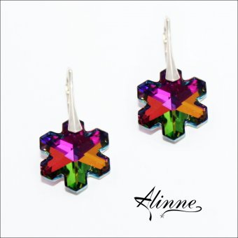 Cercei mari din argint cu fulgi de zapada cristale Swarovski stralucitoare, multicolore
