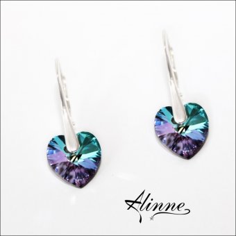 Cercei mici din argint cu cristale Swarovski, inimioare roz bleu lila 10mm