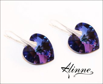 Cercei mari din argint cu cristale Swarovski, inimi stralucitoare, violet, albastru, bleu