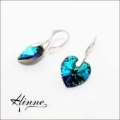 Cercei medii din argint cu cristale Swarovski,  inimioare, albastru, bleu, turcoaz, 14mm