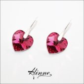 Cercei din argint cu cristale Swarovski, medii, inimioare roz inchis, 14mm